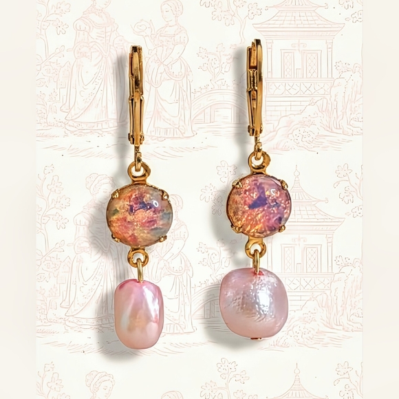 Pink Fire Opal & Freshwater Pink Baroque Pearls in 14K Gold Plated Drop Earrings - Picture 1 of 6